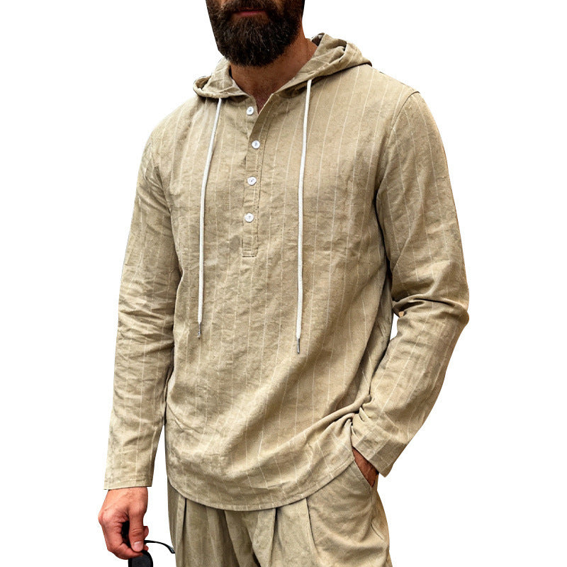 Herren nan Kapuzenshirt aus Leinenmix mit halber Knopfleiste und Nadelstreifen EB