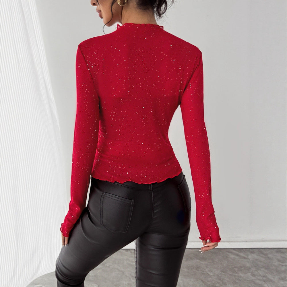 Damen Eleganter Bodysuit mit funkelnden Details und Rüschenkragen EB
