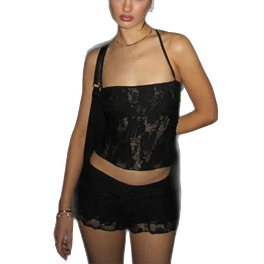 Damen Spitzencrop-Top mit gewelltem Rock EB