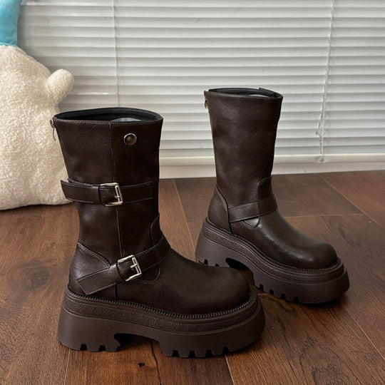 Damen modische kniehohe Stiefel mit verstellbarem Riemendesign und robustem Profil EB