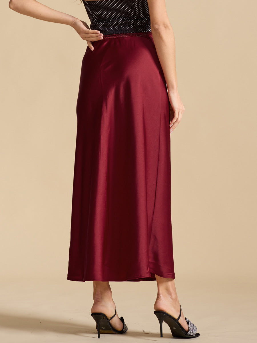 Damen eleganter Satin-Rock mit Spitzenbund EB