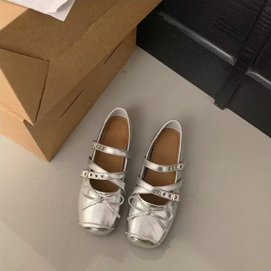 Damen Ballerina-Schuhe mit dekorativen Doppelschnallen und modischen Schleifen EB