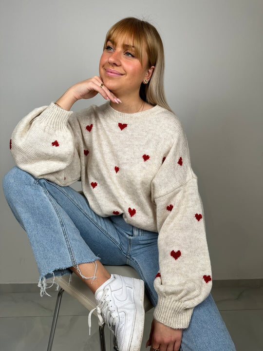 Damen nan oversized Strickpullover mit Herzintarsien und Ballonärmeln EB