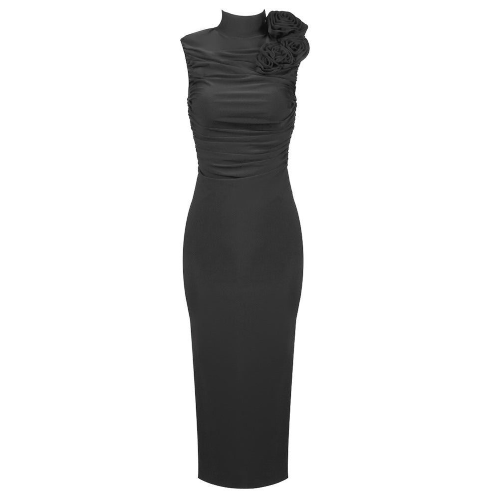 Damen figurbetontes Abendkleid mit asymmetrischem Kragen und floraler Applikation EB