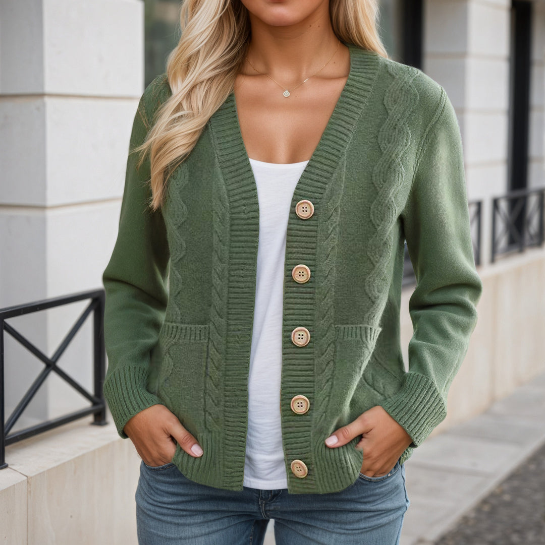 Damen nan längerer Strickcardigan mit Kabelstruktur, V-Ausschnitt und Holzknopfleiste EB