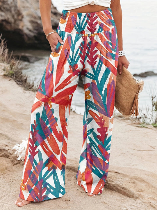 Damen Weit geschnittene Strandhose mit floralem Motiven und elastischem Bund EB