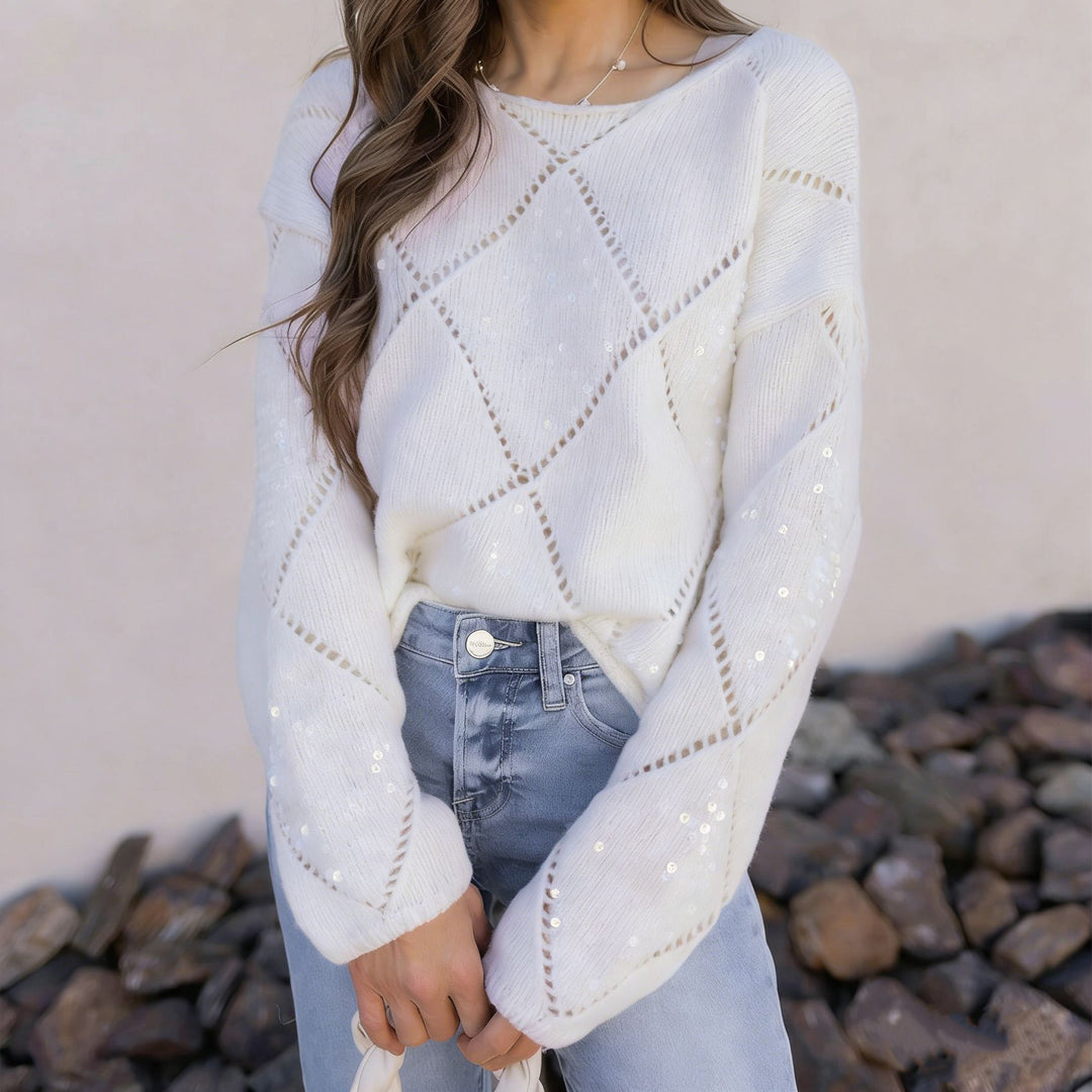 Damen Grobgestrickter Oversize-Pullover mit Ajour‑Rautenmuster und Pailletten EB