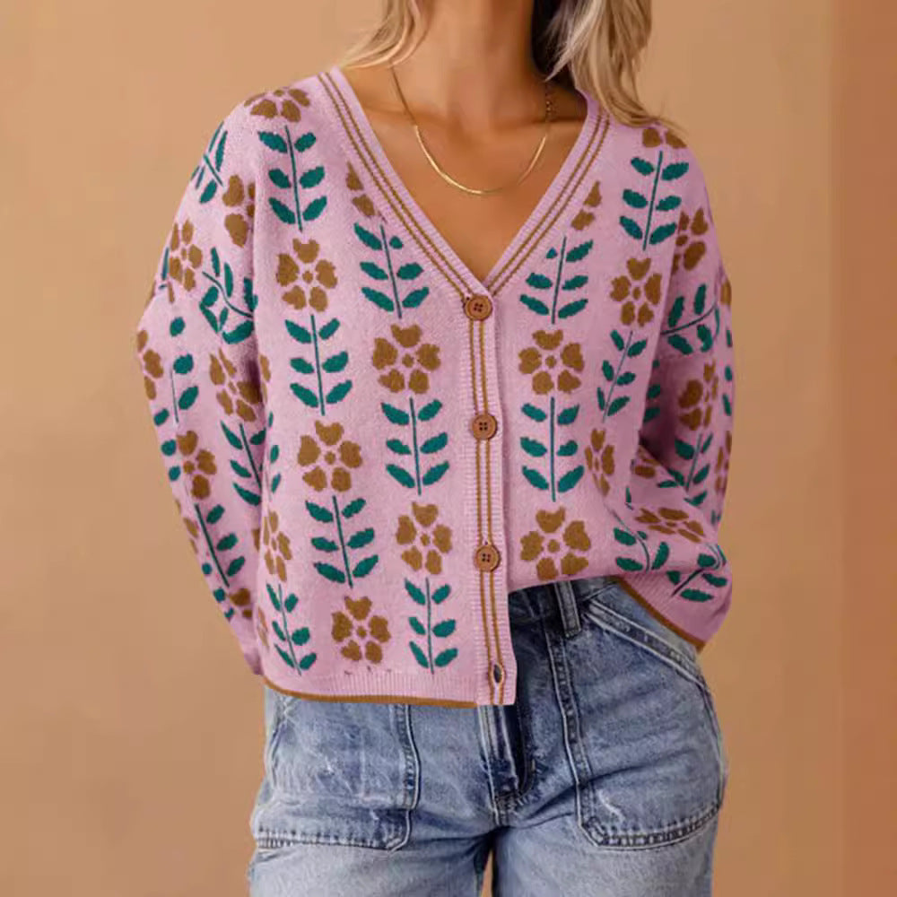 Damen Strickjacke mit floralem Design und Knopfdetails EB