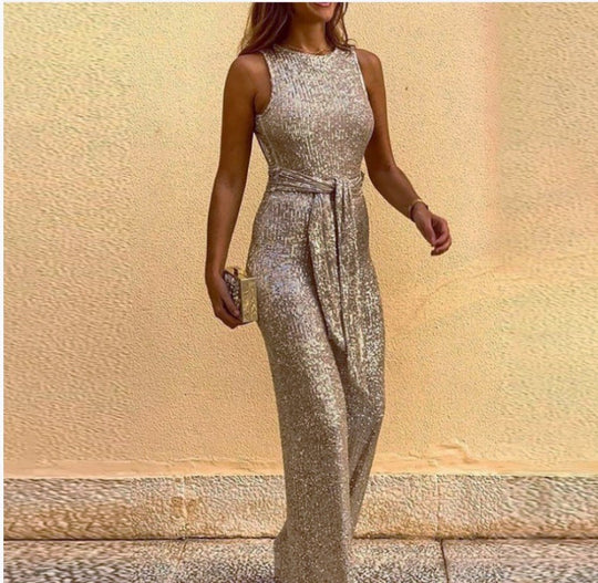 Damen Glamouröses Maxikleid mit glänzendem Paillettenbesatz und eleganter Taillenbindung EB