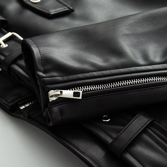Damen Kunstleder Bikerjacke mit praktischen Reißverschlusstaschen und Gürtel EB
