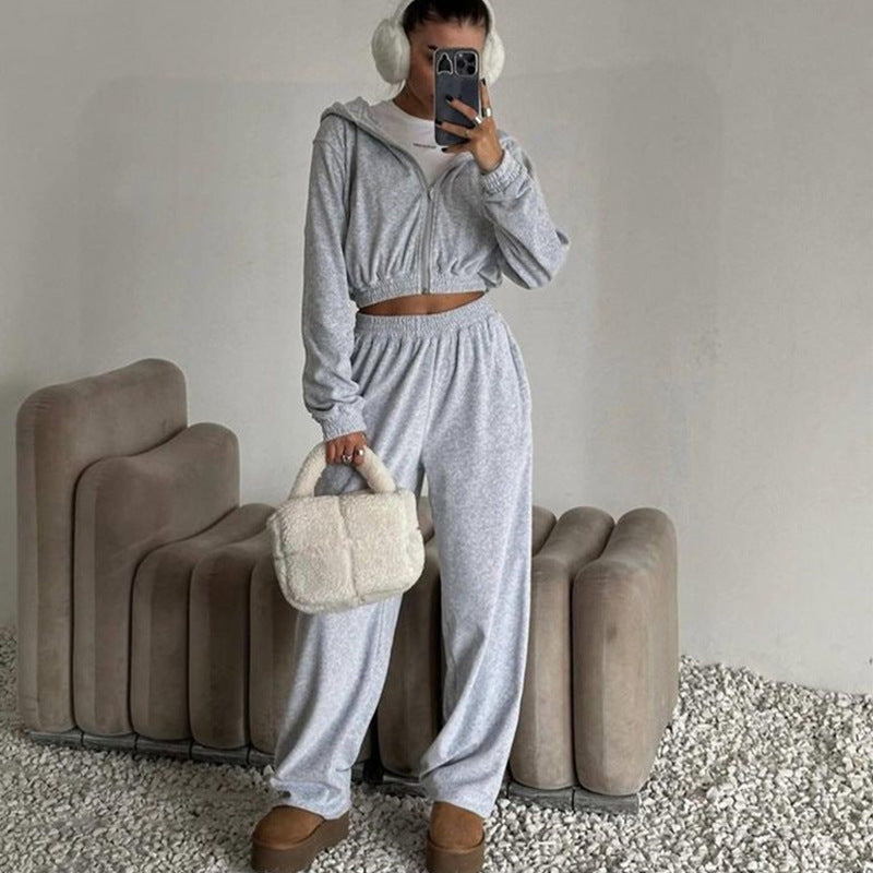 Damen nan Samt-Trainingsanzug zweiteilig mit cropped Kapuzenjacke und hoher Taille Jogginghose EB