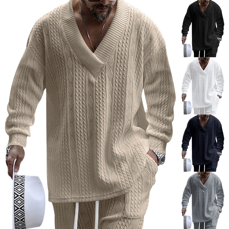 Herren nan oversized Kabelstrick V-Ausschnitt Pullover mit Relaxhose Set EB