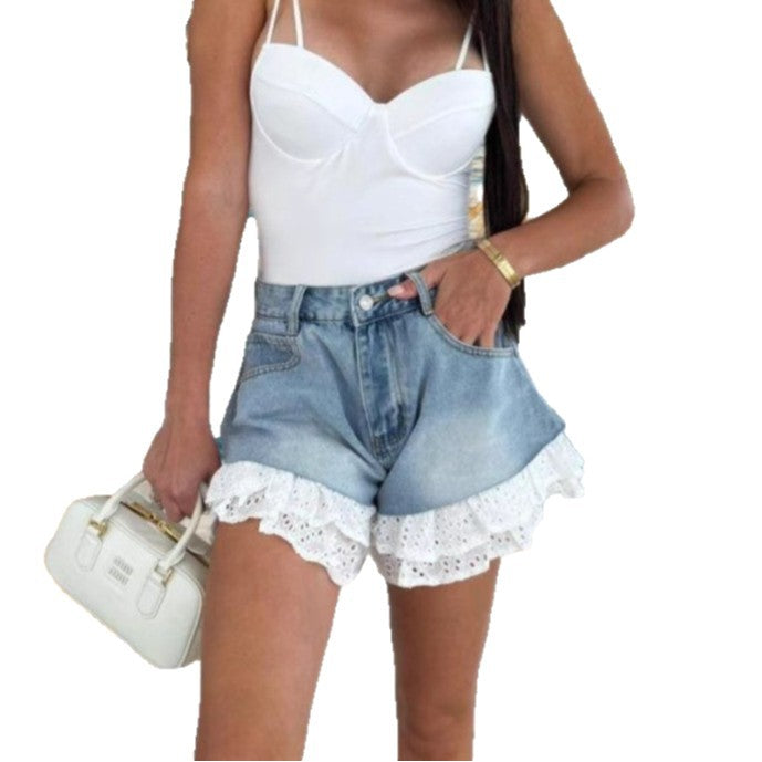 Damen Denim-Shorts mit dekorativem Spitzenrand und hohem Taillenbund EB