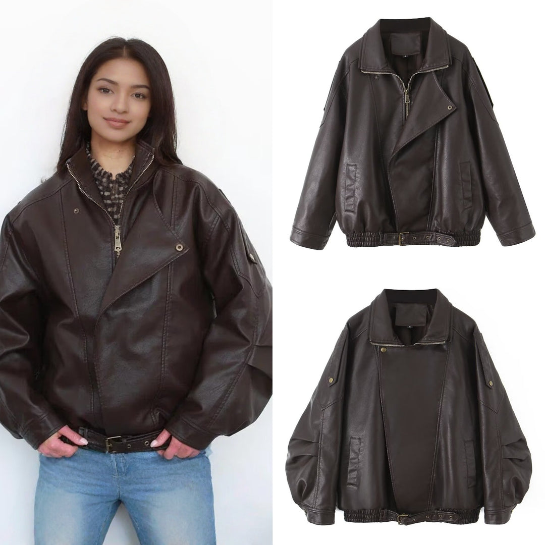 Damen Kunstlederjacke im lässigen Oversized-Stil mit Taillenzug EB