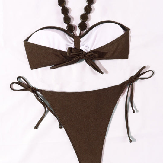 Damen Eleganter Bandeau-Bikini mit dekorativen Perlen EB