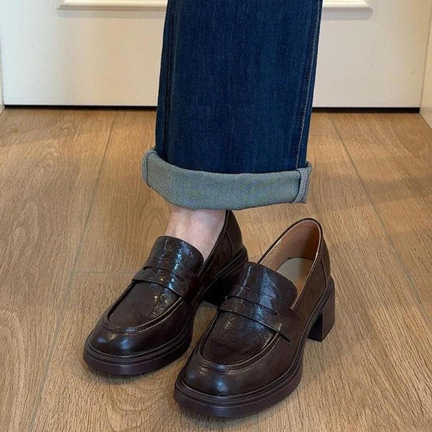 Damen Loafer mit modischem Blockabsatz und hochwertiger Lederoberfläche EB