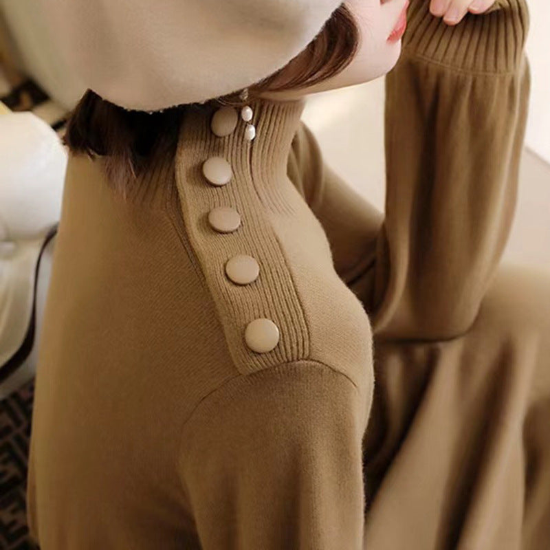 Damen Elegantes Strickmaxikleid mit hochgeschlossenem Kragen und dekorativen Knöpfen EB