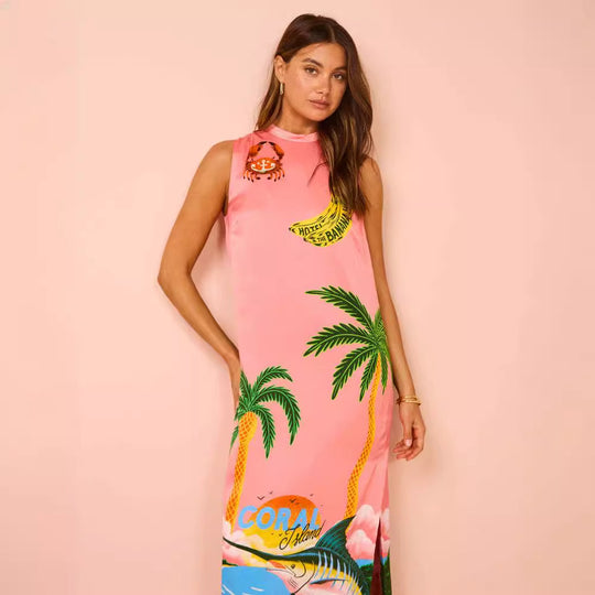 Damen Maxikleid mit buntem Tropenmotiv und lässigem Schnitt EB