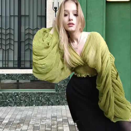 Damen Wickelbluse mit voluminösen Ärmeln und elegantem Design EB