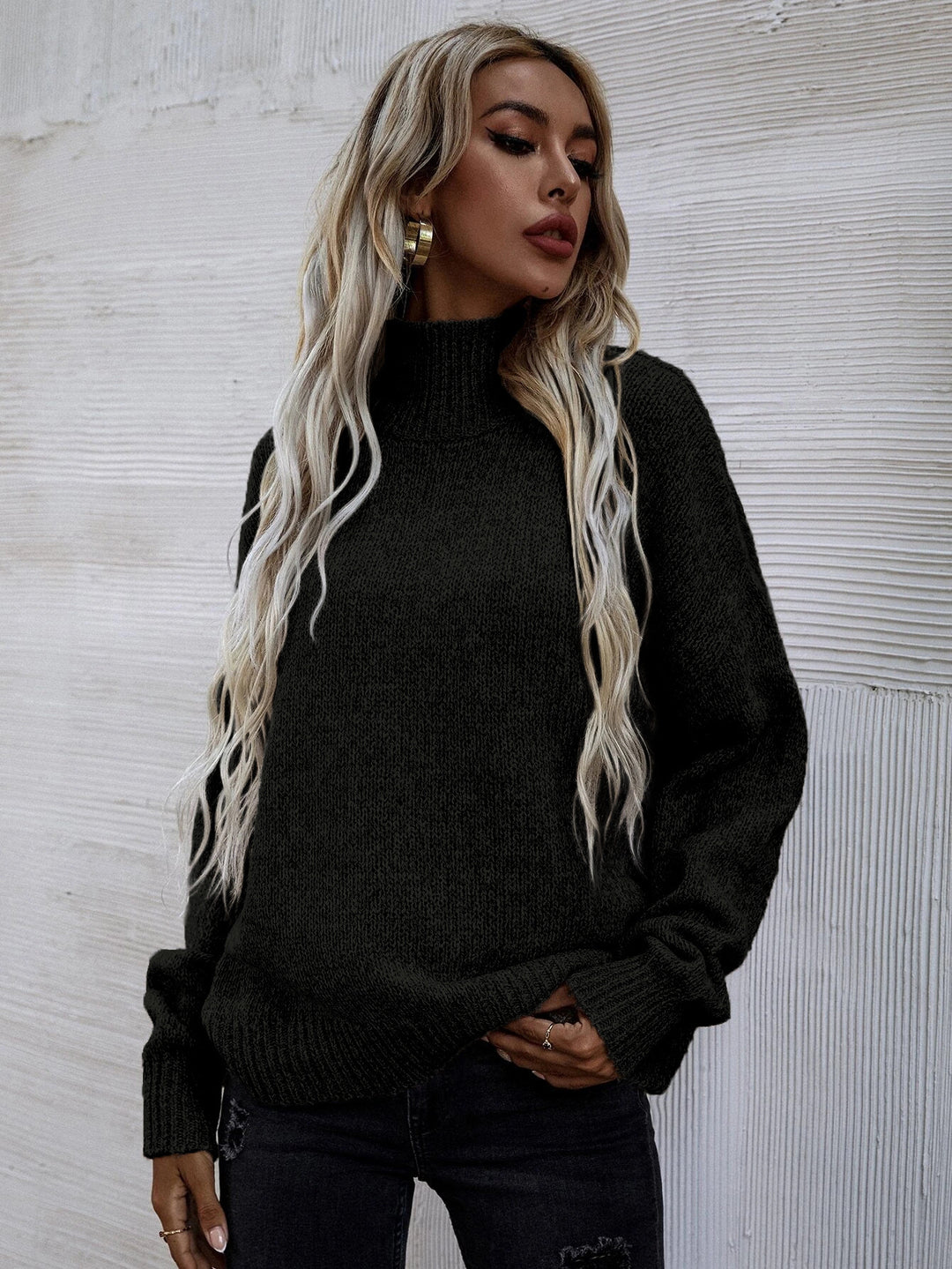 Damen Grobstrickpullover mit hohen Kragen und lässiger Passform EB