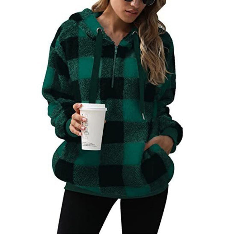Damen kuschelige Karo-Hoodiejacke mit Reißverschluss und Kängurutasche EB