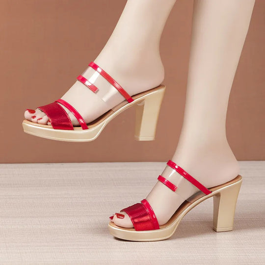 Damen modische Sandalen mit elegantem Blockabsatz und transparenten Riemen EB