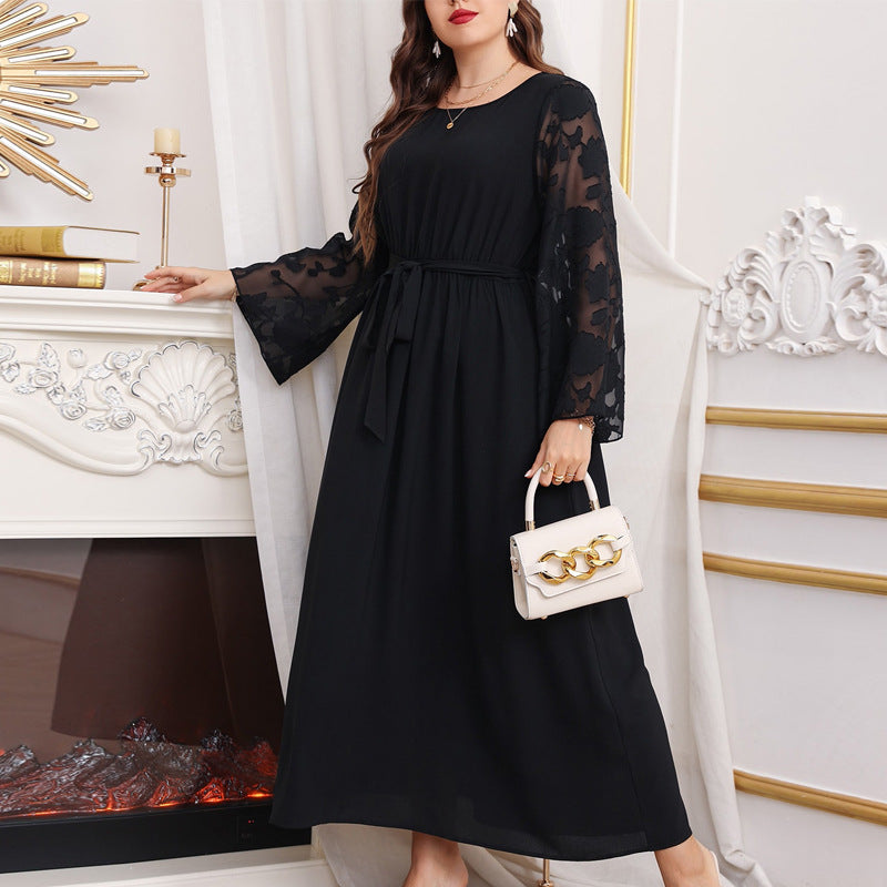 Damen Maxikleid mit transparenten Ärmel und eleganter Taillenbindung EB