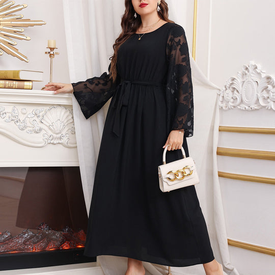 Damen Maxikleid mit transparenten Ärmel und eleganter Taillenbindung EB