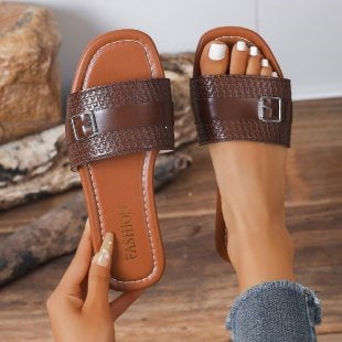 Damen modische Riemensandalen mit breitem Riemendesign und eleganter Schnallen-Applikation EB