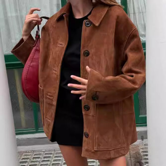 Damen Oversized Wildlederjacke mit Knopfdetails EB