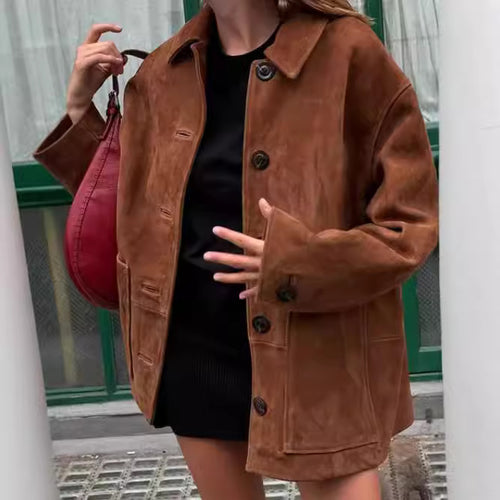 Damen Oversized Wildlederjacke mit Knopfdetails EB