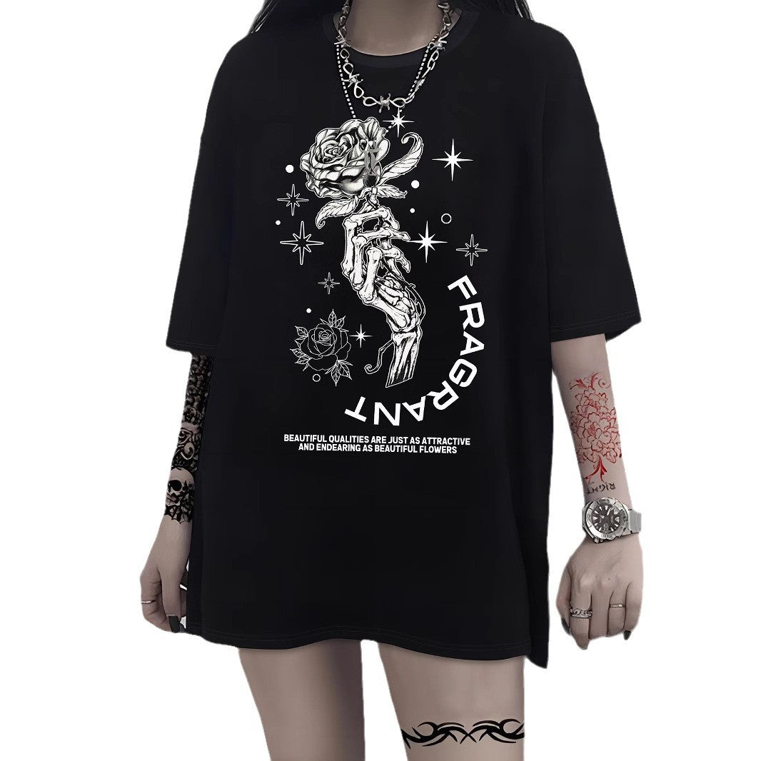 Damen T-Shirt mit künstlerischem Skelettmotiv und einzigartigem Druck EB