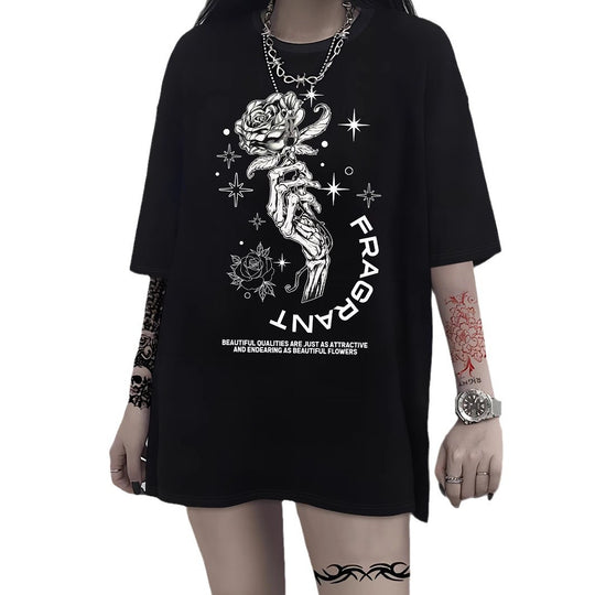 Damen T-Shirt mit künstlerischem Skelettmotiv und einzigartigem Druck EB