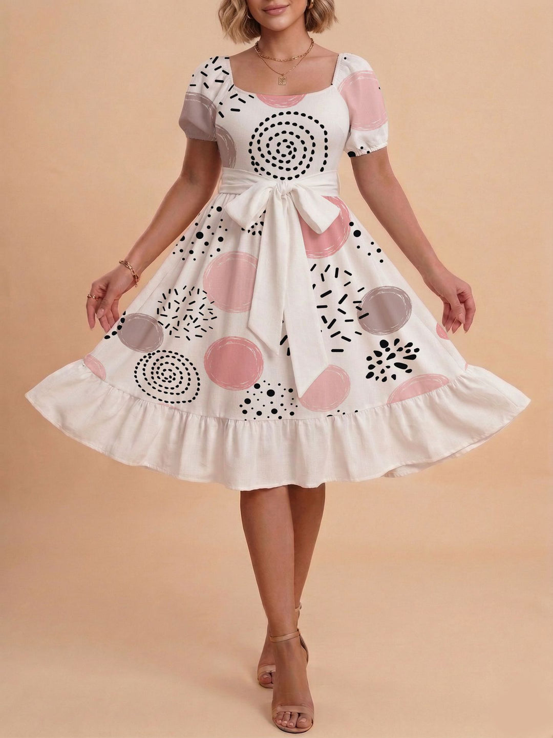 Damen Verspieltes Maxikleid mit Bärenmuster und taillierbarem Band EB