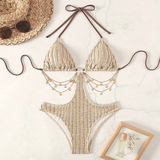Damen Triangel-Bikini mit modischen Golddetails und verstellbaren Trägern EB