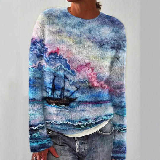 Damen nan bestickter Strickpullover mit reliefartiger Blumenstickerei und Rundhalsausschnitt EB