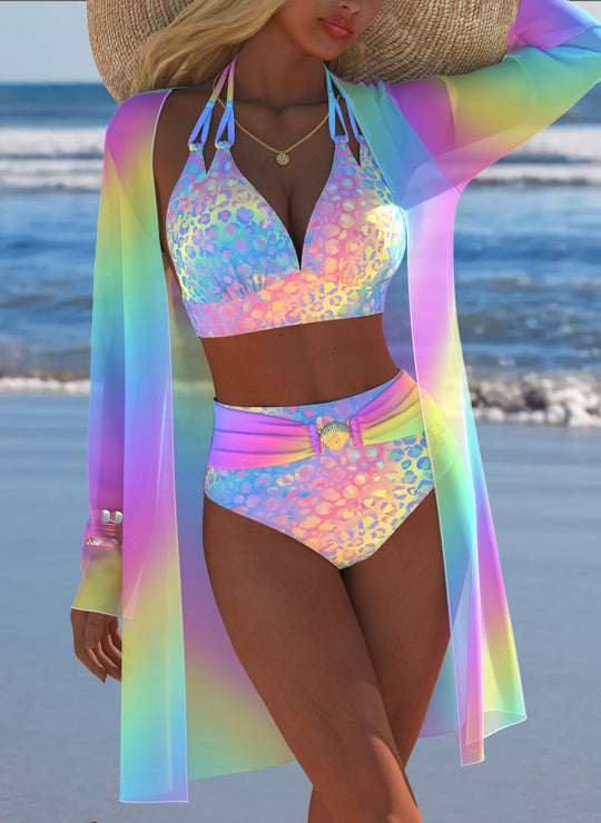 Damen Bikini-Set mit kreativem geometrischen Design und hohem Bund EB