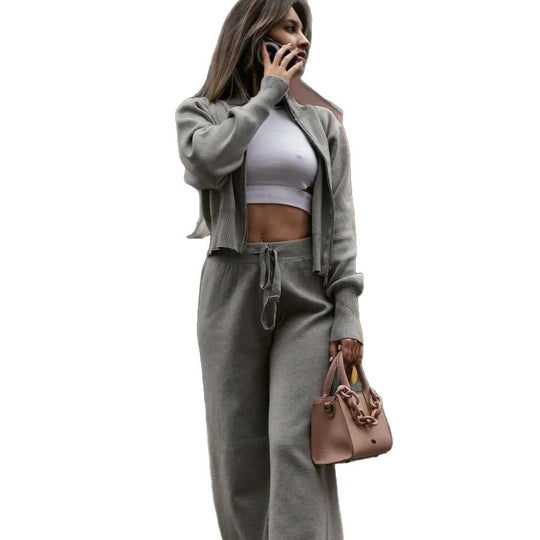 Damen nan gestricktes Loungewear-Zweiteiler mit kurzem Reißverschluss-Cardigan und weitem Highwaist-Hosenbein EB