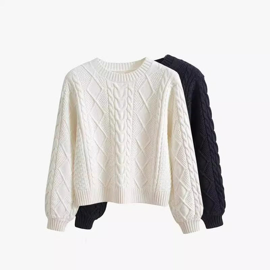 Damen Grobstrickpullover mit kreativem Zopfmuster und weit geschnittenen Ärmeln EB