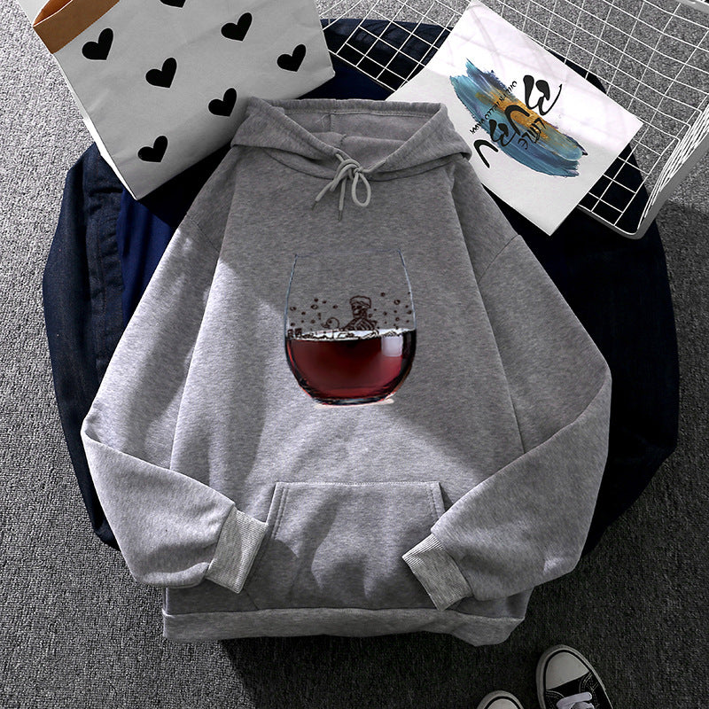 Damen nan lässiger Kapuzenhoodie mit fotorealistischer Weinglas‑Grafik, Kängurutasche und weichem Fleece EB
