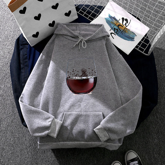 Damen nan lässiger Kapuzenhoodie mit fotorealistischer Weinglas‑Grafik, Kängurutasche und weichem Fleece EB