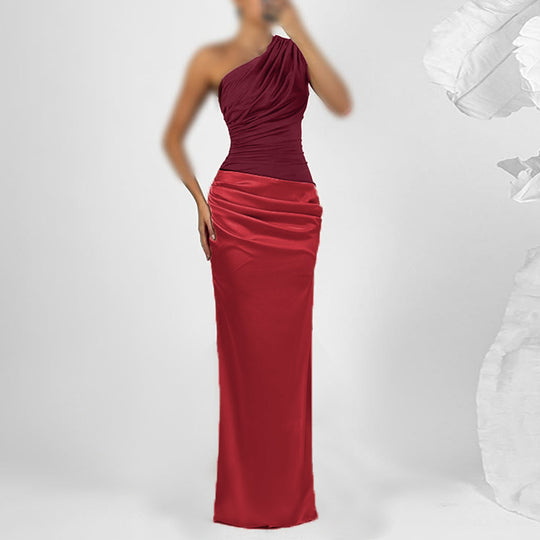 Damen elegantes Maxikleid mit asymmetrischem Oberteil und fließendem Saum EB