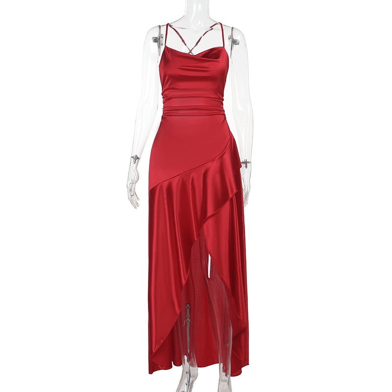 Damen luxuriöses Satin-Maxikleid mit asymmetrischem Schnitt EB