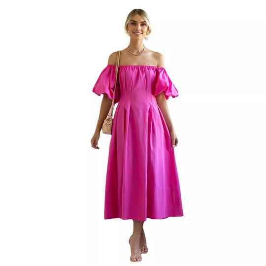 Damen Maxikleid mit schulterfreier Silhouette und voluminösen Ärmeln EB