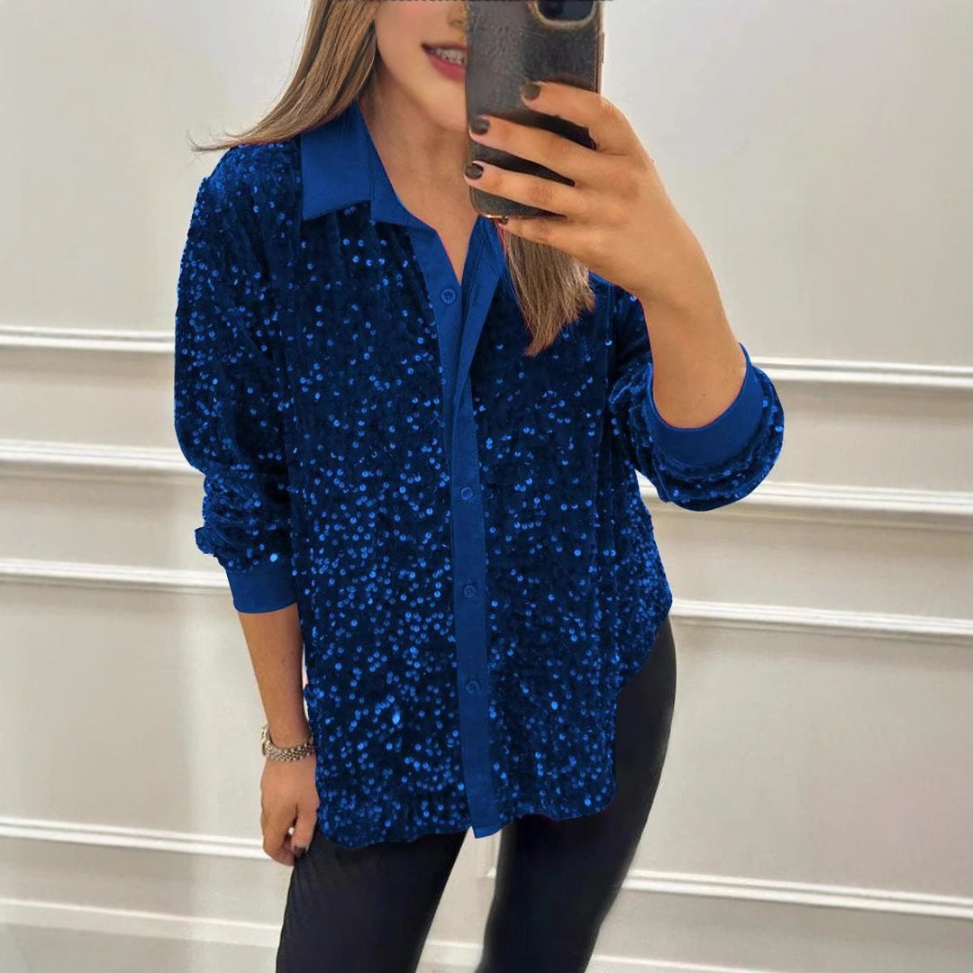 Damen Glitzernde Bluse aus Pailletten mit klassischem Kragen EB