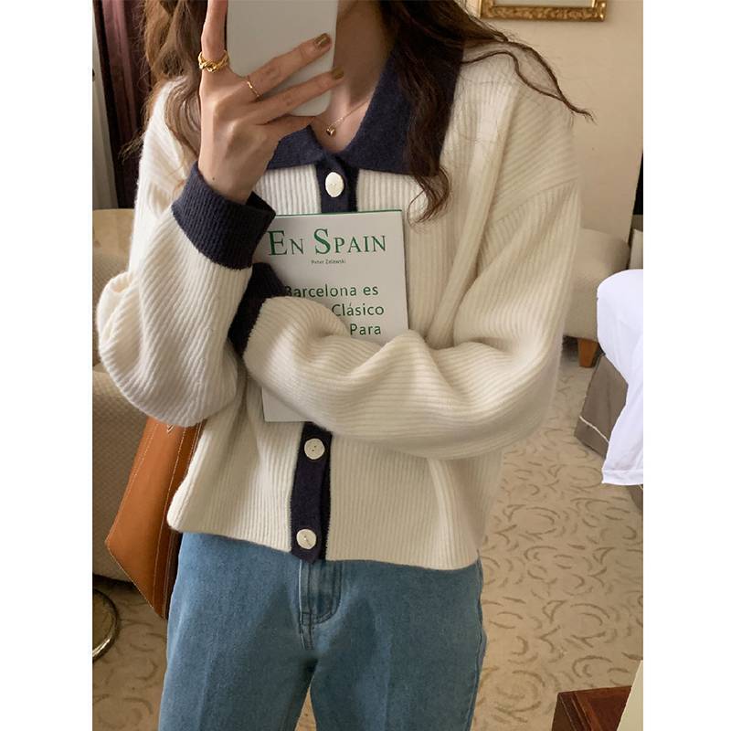 Damen Übergrößen Strickjacke mit kontrastierenden Kragen und Knopfdetail EB