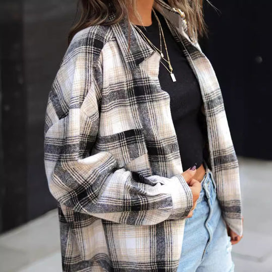 Damen Kariertes Oversized-Hemd im lässigen Stil EB