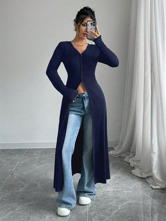 Damen Langstrickjacke mit V-Ausschnitt und Knopfverschluss EB