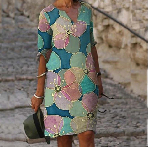Damen luxuriöses V-Ausschnitt Kleid mit floralem Design und kurzem Ärmel EB
