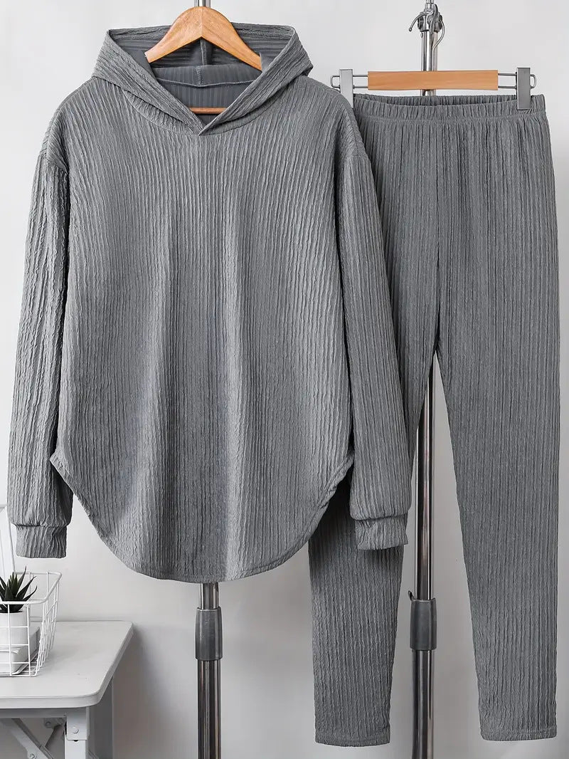 Damen lässiger Sweat-Pulli und -Hose Set mit strukturiertem Design EB